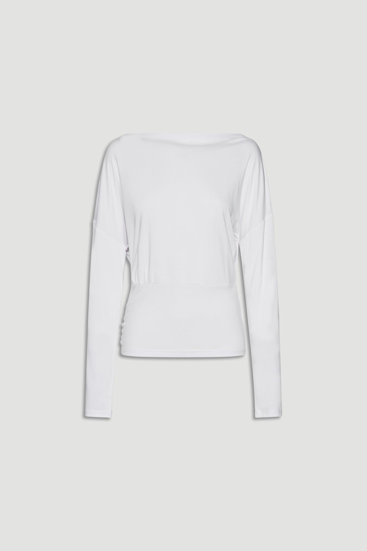 White long sleeve top with a cinched waist and relaxed fit, perfect for everyday versatile styling
