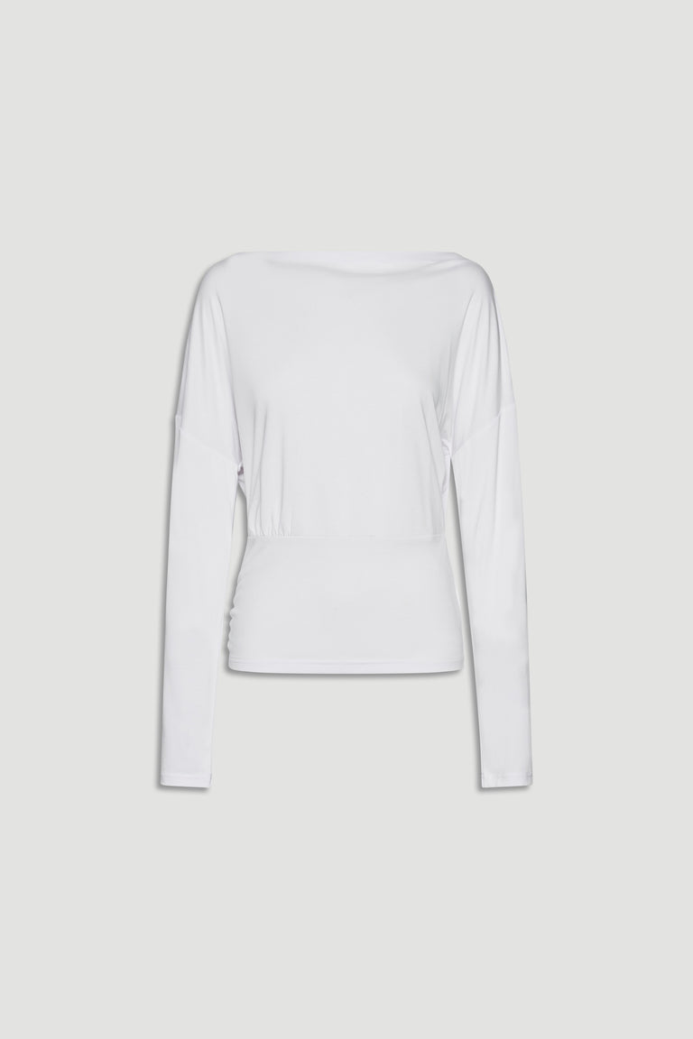White long sleeve top with a cinched waist and relaxed fit, perfect for everyday versatile styling