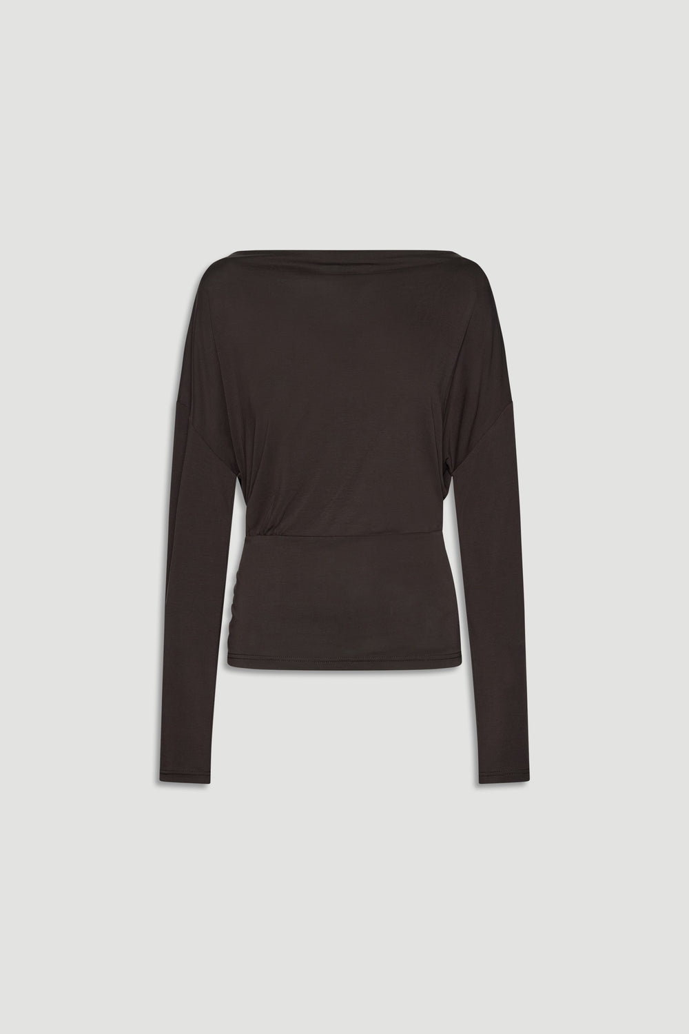 Dark brown long sleeve top with a cinched waist and relaxed fit for a flattering, effortless style