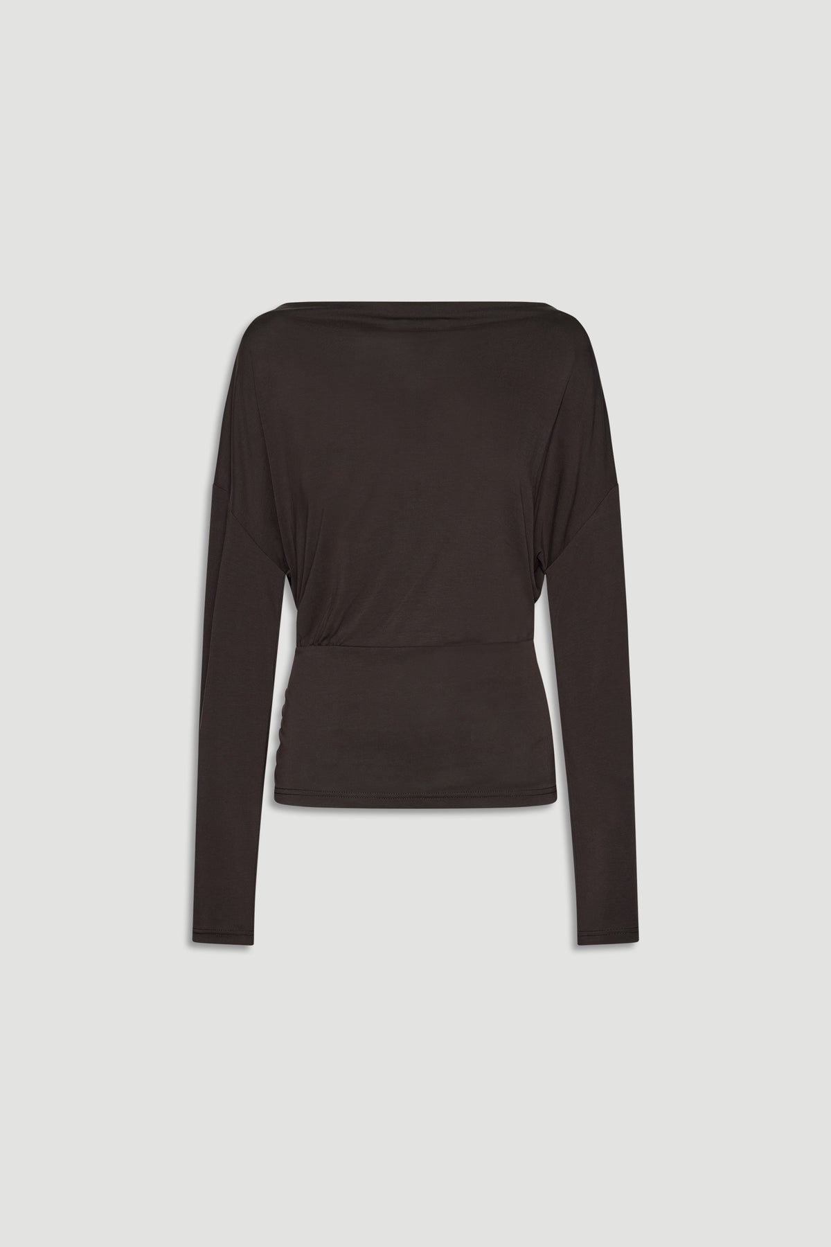 Dark brown long sleeve top with a cinched waist and relaxed fit for a flattering, effortless style