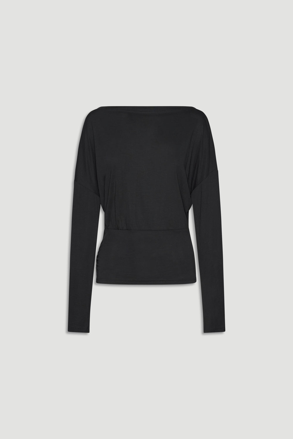 Charcoal long-sleeve top with a cinched waist and relaxed fit, designed for versatile everyday style.