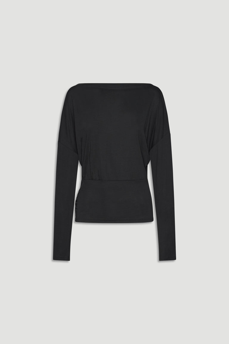 Charcoal long-sleeve top with a cinched waist and relaxed fit, designed for versatile everyday style.