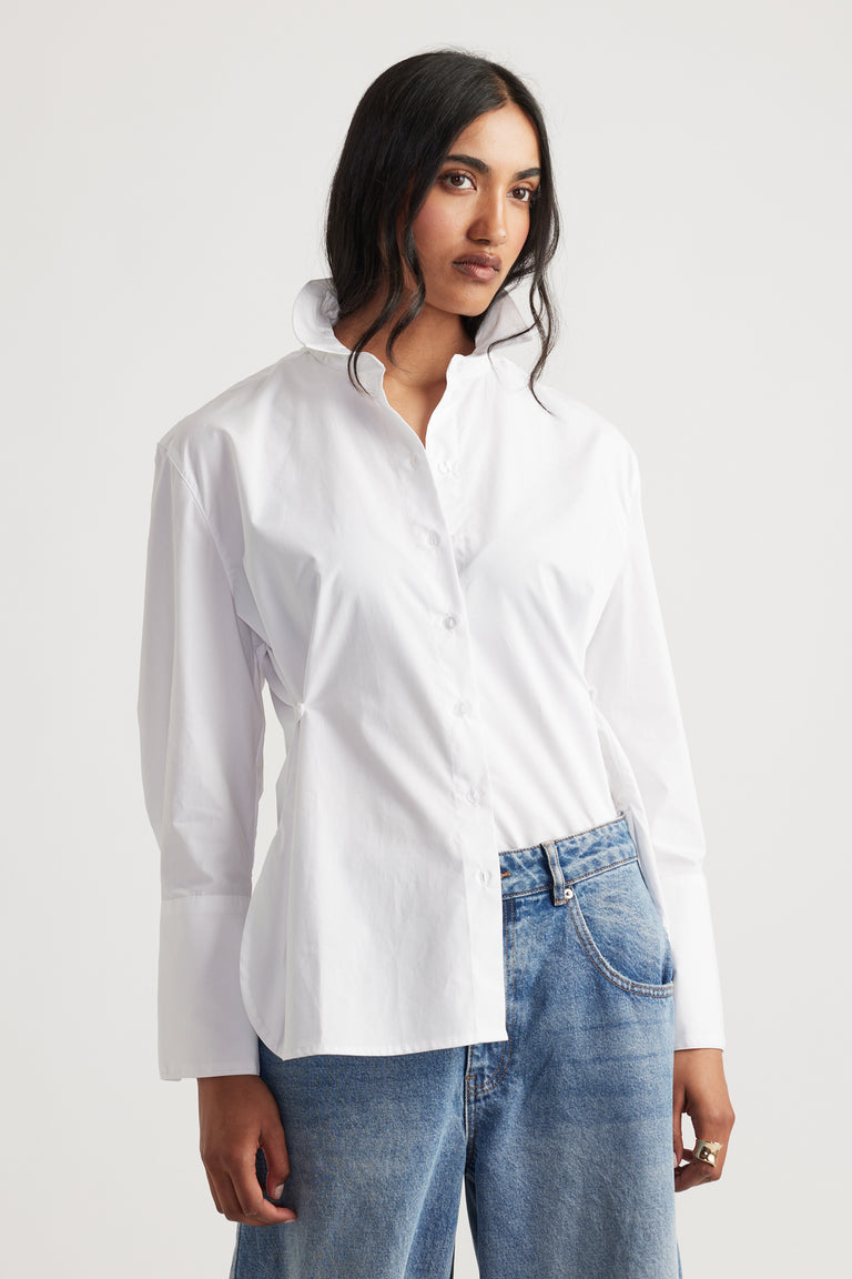 Kristy Side Button Shirt in crisp white with a structured collar and relaxed fit by DECJUBA Australian fashion brand