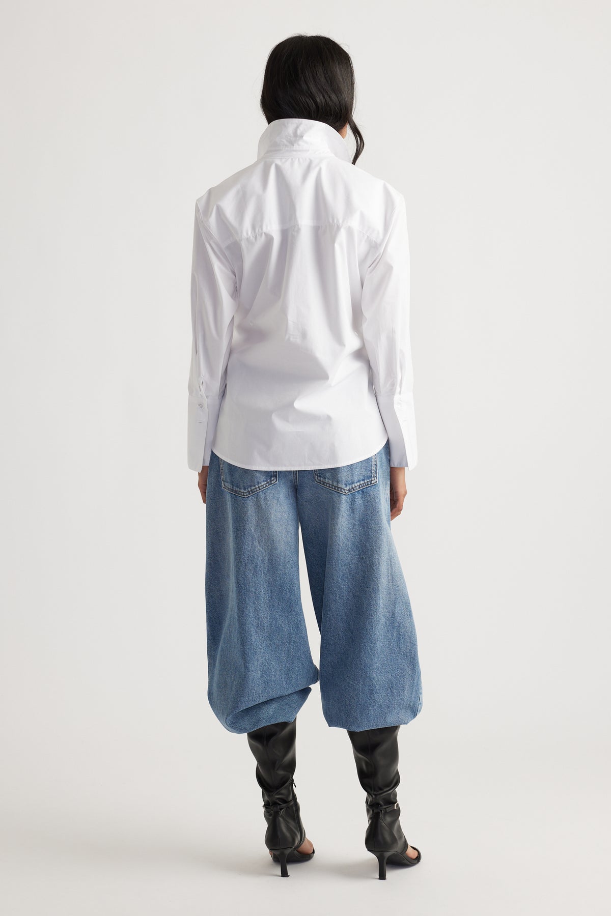 Kristy Side Button Shirt in crisp white cotton with a tailored back and long sleeves by DECJUBA Australian fashion brand