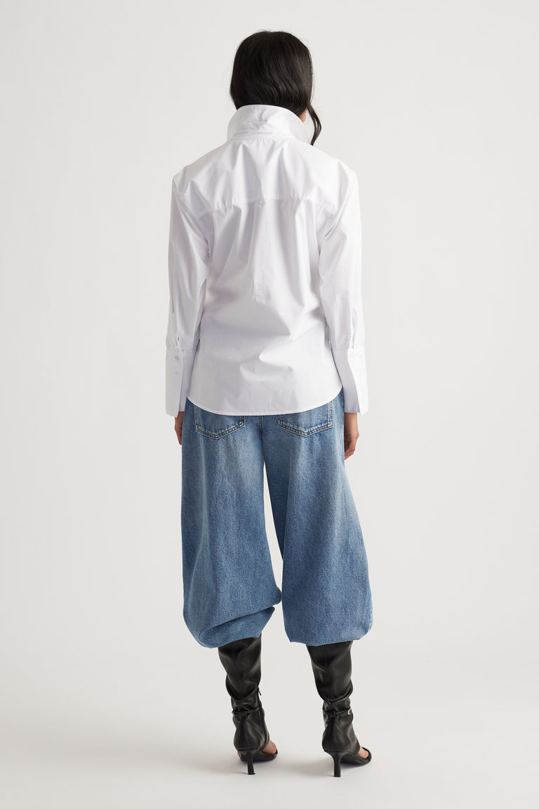 Kristy Side Button Shirt in crisp white cotton with a tailored back and long sleeves by DECJUBA Australian fashion brand
