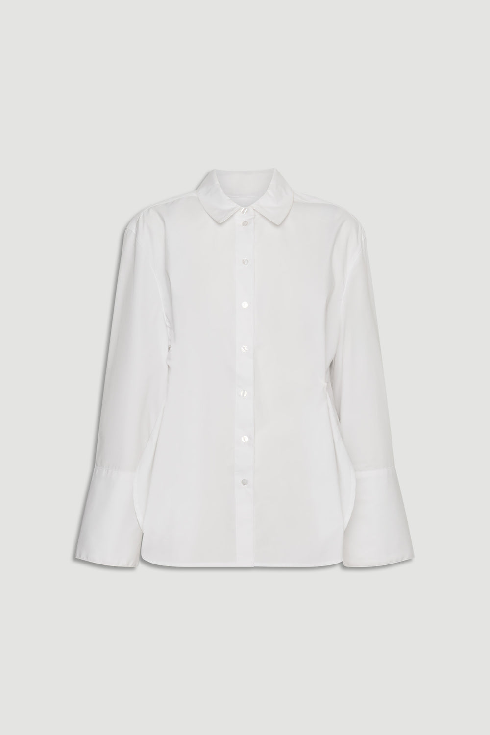 Kristy Side Button Shirt in crisp white cotton with puff sleeves and tailored cuffs by DECJUBA Australian fashion brand