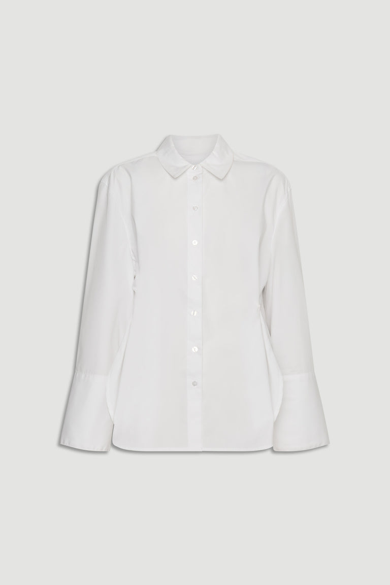 Kristy Side Button Shirt in crisp white cotton with puff sleeves and tailored cuffs by DECJUBA Australian fashion brand