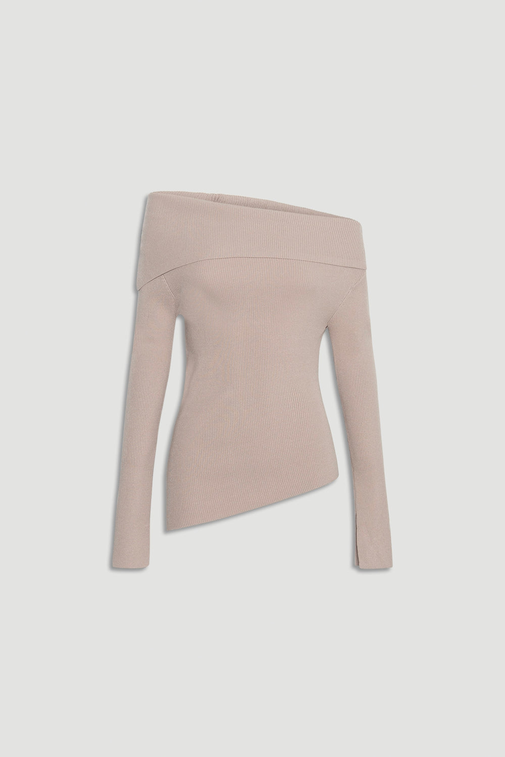 Soft biscuit-colored knit top with an asymmetrical off-shoulder neckline and long fitted sleeves