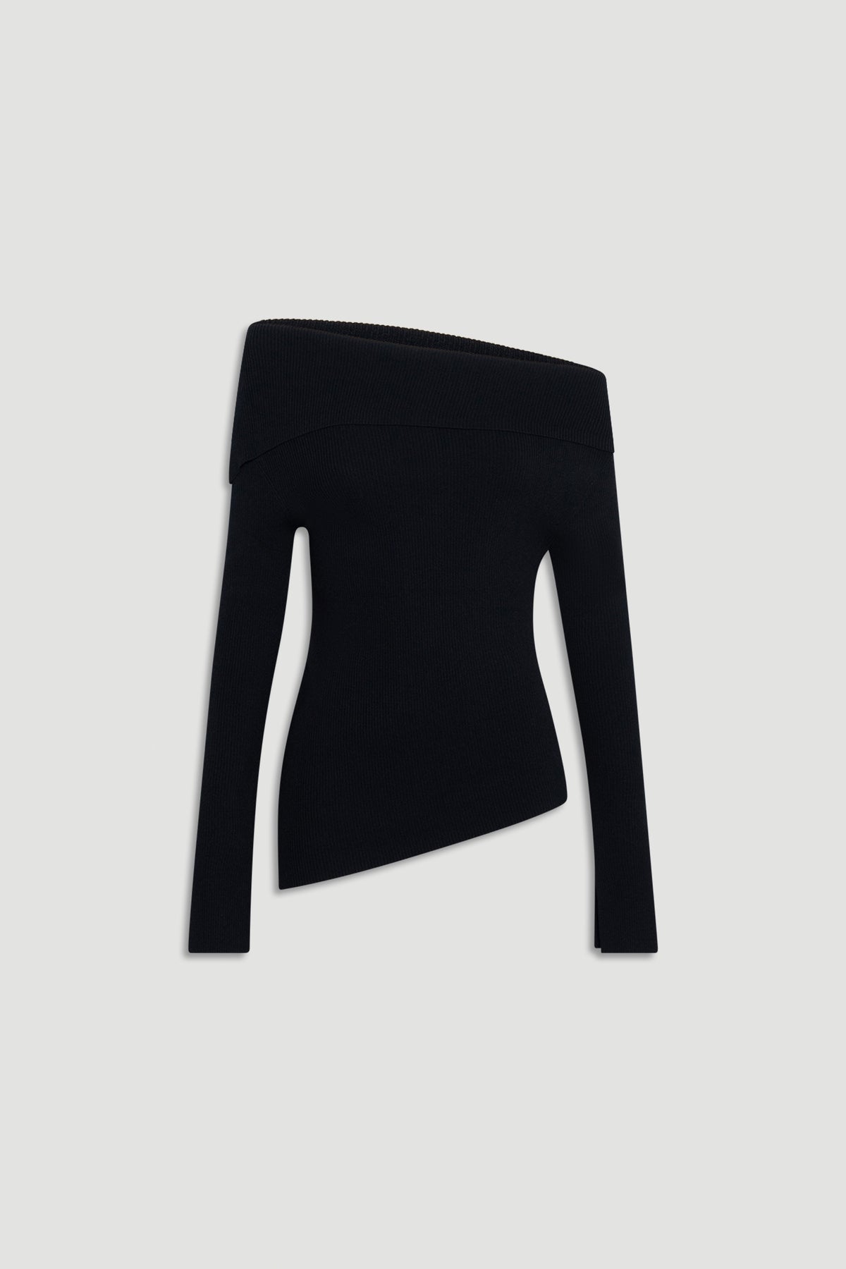 Black off-shoulder knit top with long sleeves and an asymmetrical hem for a chic, modern silhouette.