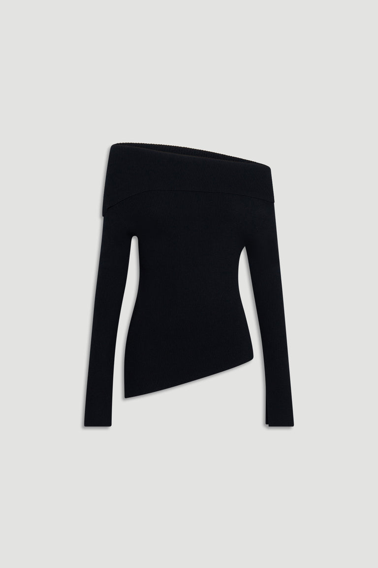 Black off-shoulder knit top with long sleeves and an asymmetrical hem for a chic, modern silhouette.
