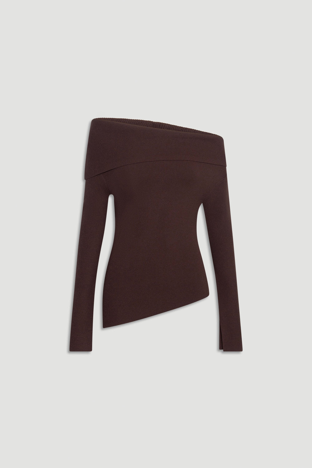 Rich mocha off-shoulder knit top with long sleeves and an asymmetrical hem for a chic yet effortless look.
