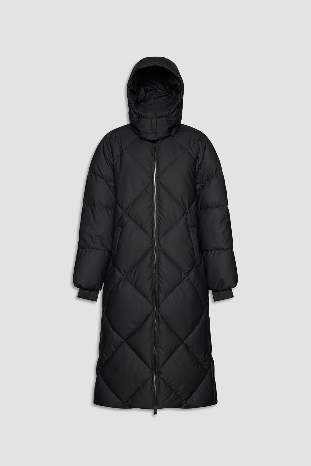 Long black quilted maxi puffer coat with hood, front zipper, and ribbed cuffs for extra warmth and coverage