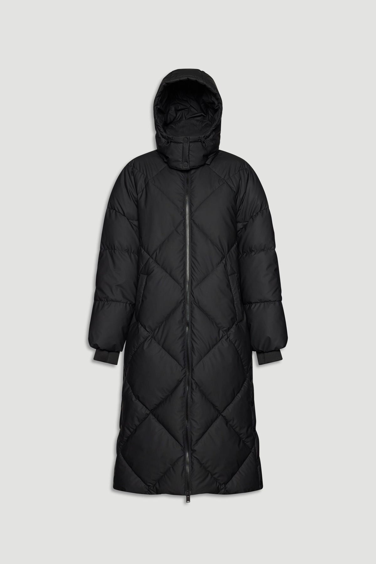 Long black quilted maxi puffer coat with hood, front zipper, and ribbed cuffs for extra warmth and coverage