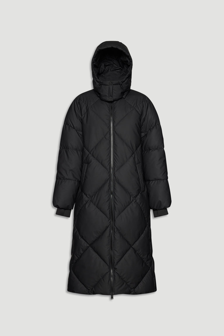 Long black quilted maxi puffer coat with hood, front zipper, and ribbed cuffs for extra warmth and coverage
