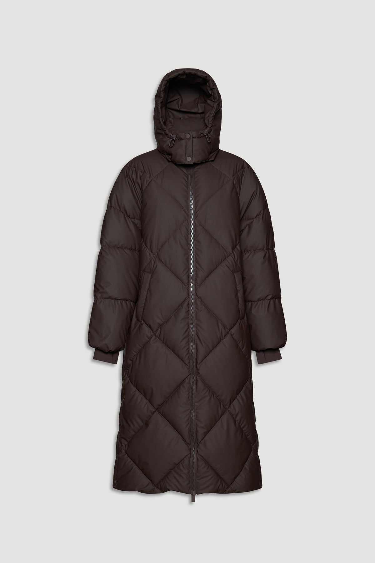 Long dark brown quilted puffer coat with hood and full front zipper, featuring ribbed cuffs for added warmth.