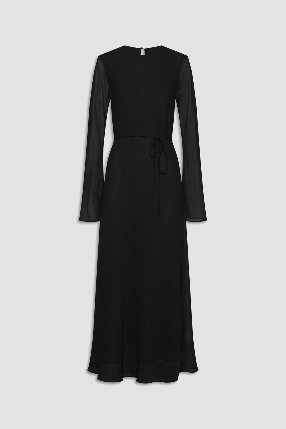 Elegant black maxi dress with sheer long sleeves and a delicate waist tie for a refined, timeless silhouette