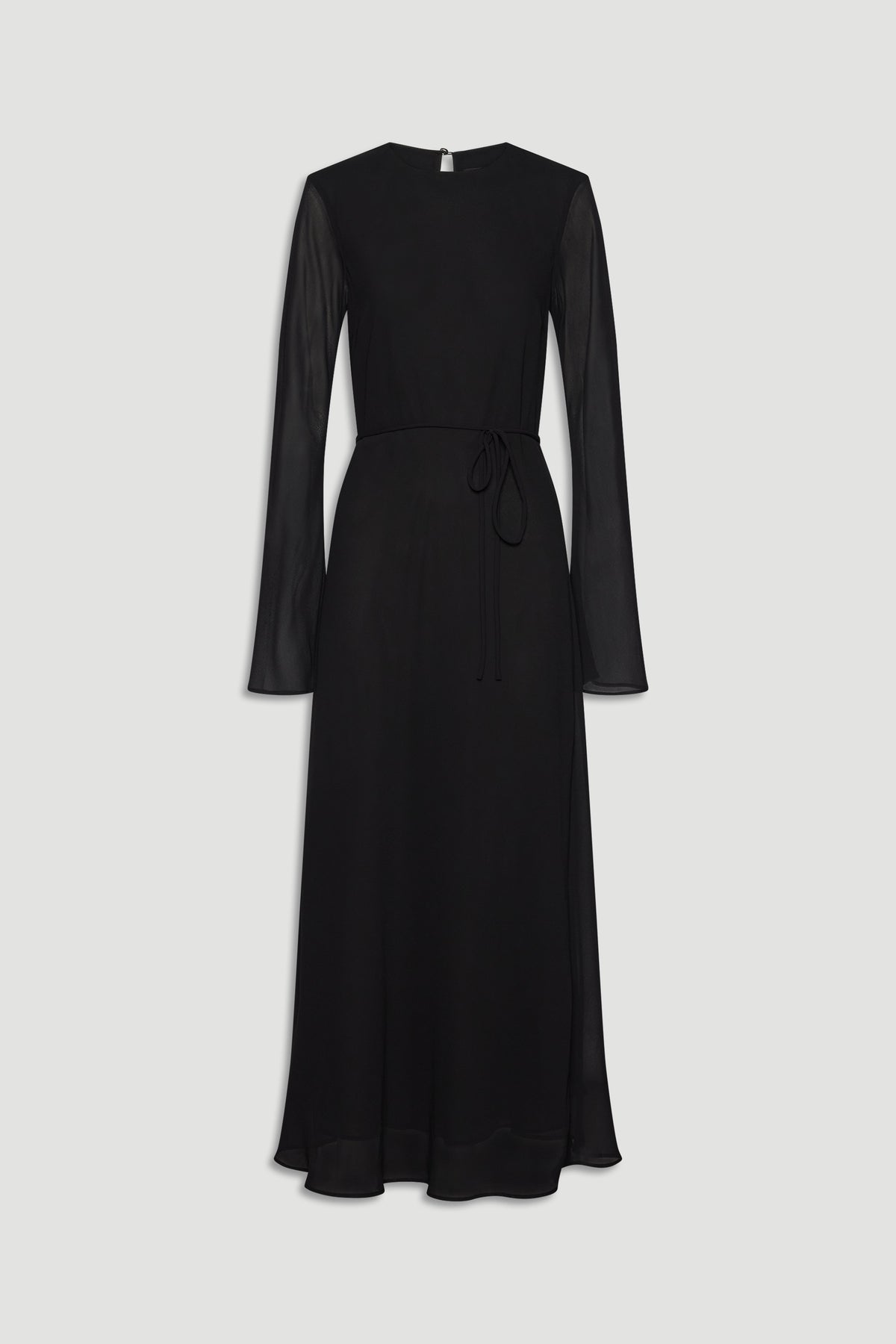 Elegant black maxi dress with sheer long sleeves and a delicate waist tie for a refined, timeless silhouette