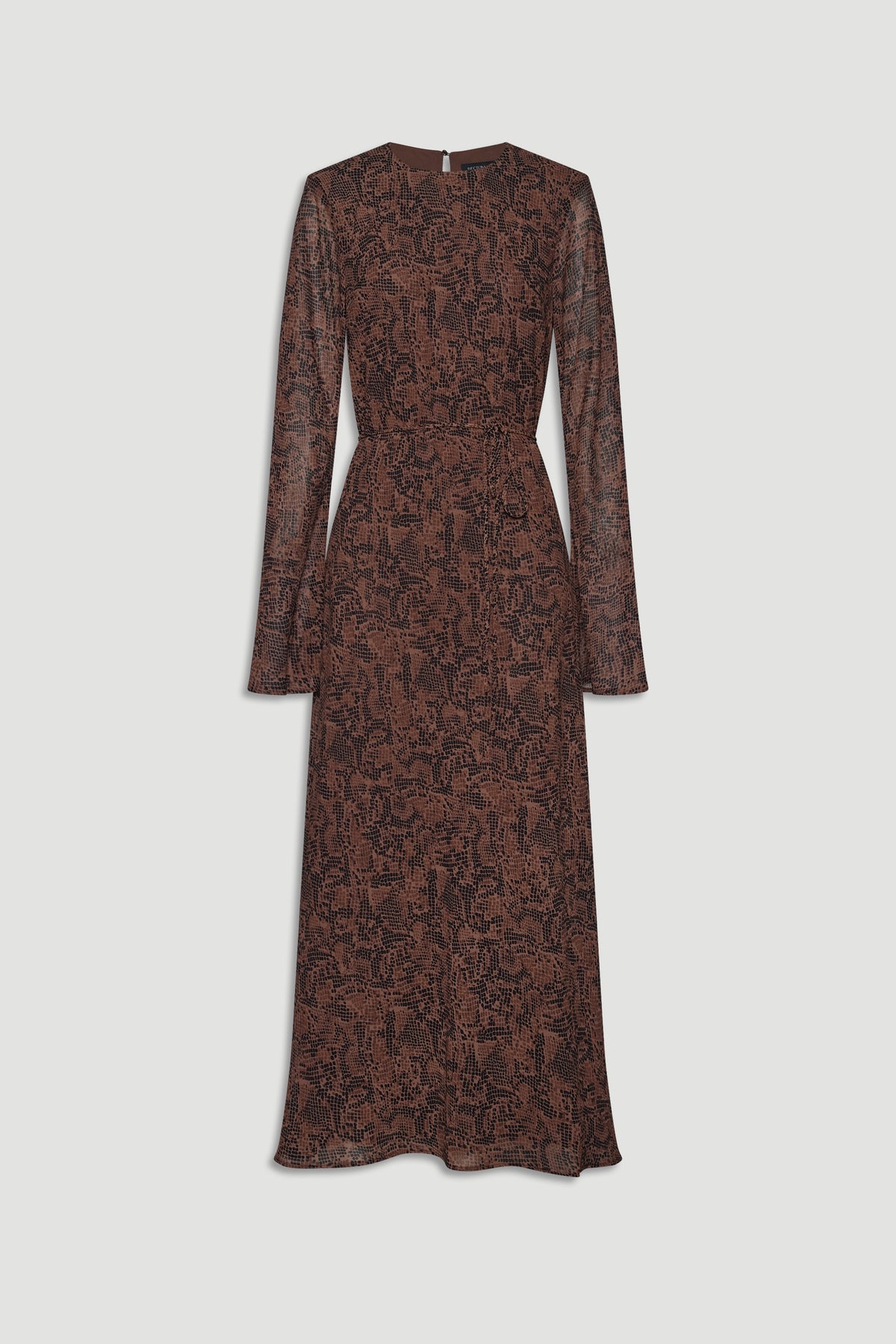 Brown maxi dress with subtle black patterned print, long sleeves, and a fitted waist for an elegant silhouette
