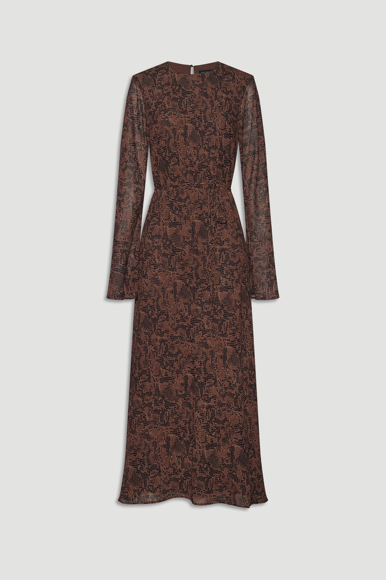 Brown maxi dress with subtle black patterned print, long sleeves, and a fitted waist for an elegant silhouette