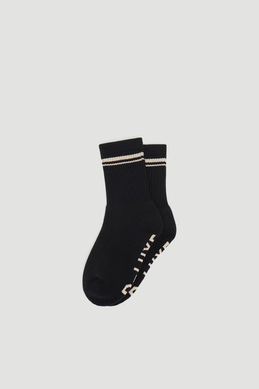Pair of black sports socks with ribbed cuffs and white double stripes, featuring subtle logo details on sole
