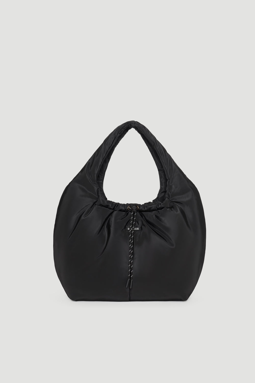 Black padded shoulder bag with soft texture and gathered detail at the center front for a modern look