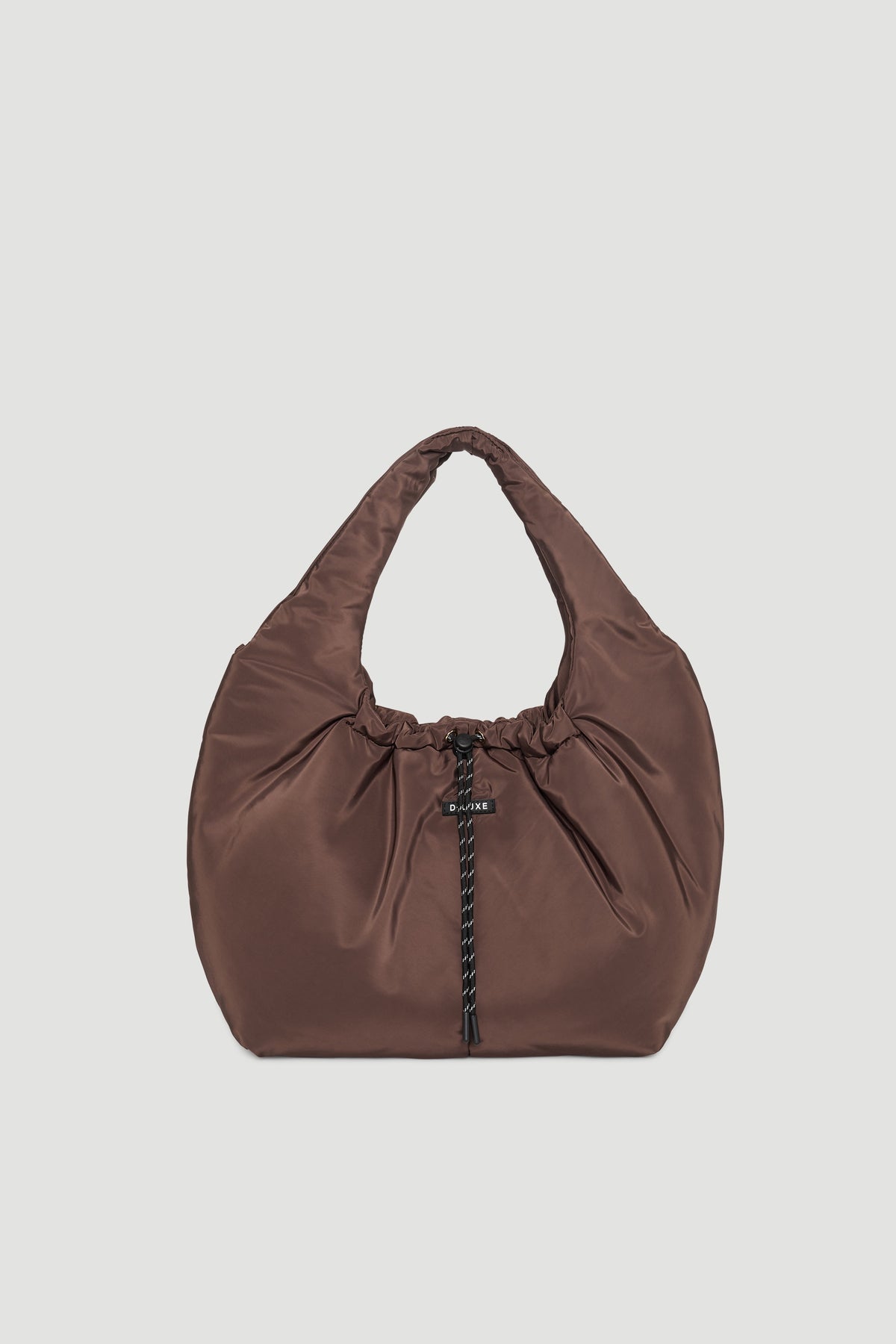 Soft chocolate brown puffer bag with gathered top and thick handle, featuring a black drawstring toggle closure detail