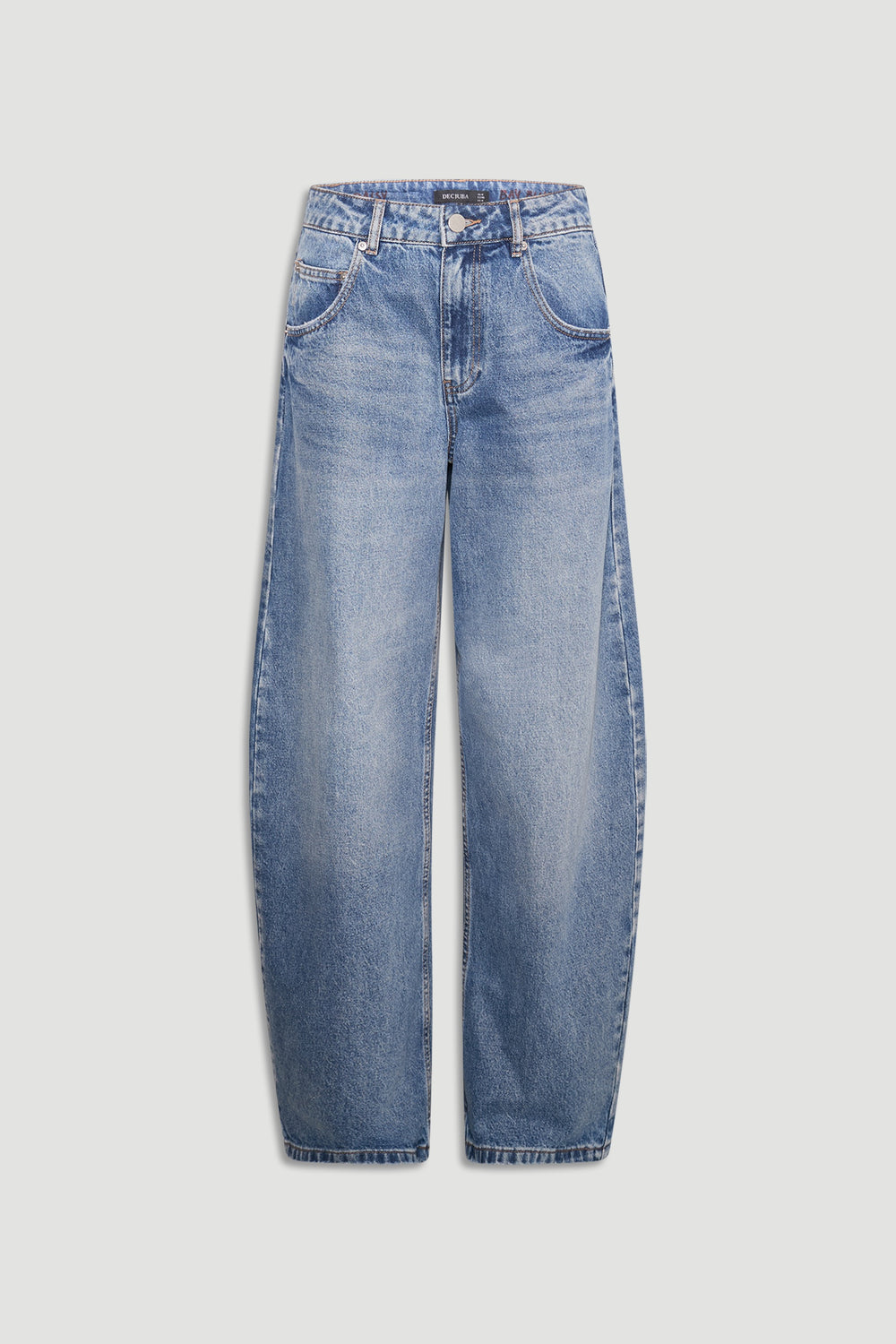 Light blue high rise horseshoe jeans with curved wide legs and a full length fit