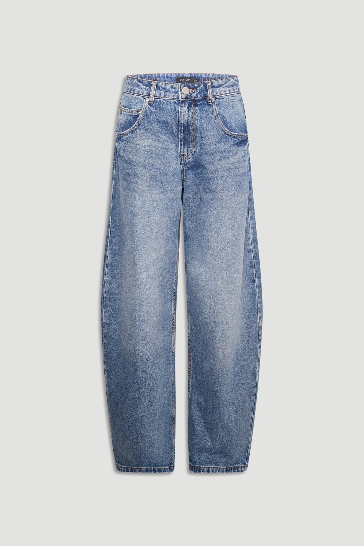 Light blue high rise horseshoe jeans with curved wide legs and a full length fit