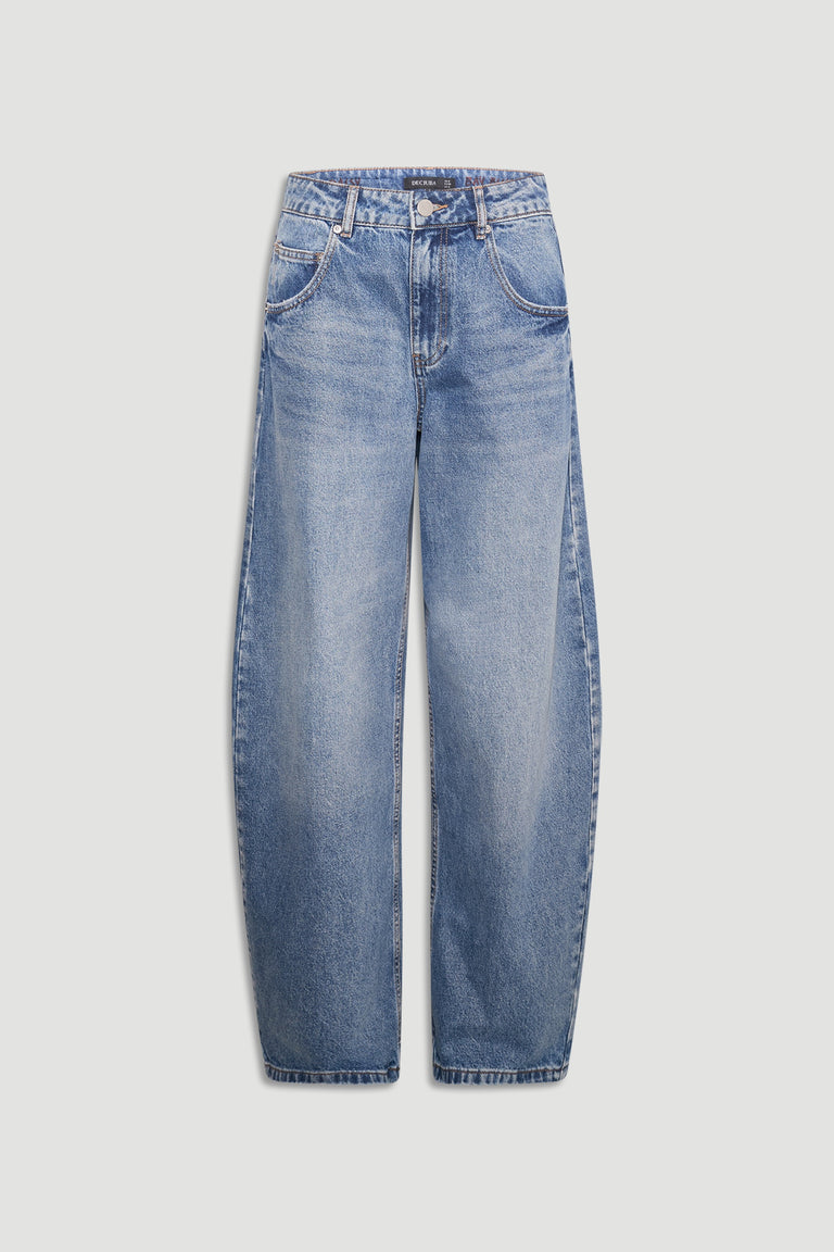 Light blue high rise horseshoe jeans with curved wide legs and a full length fit