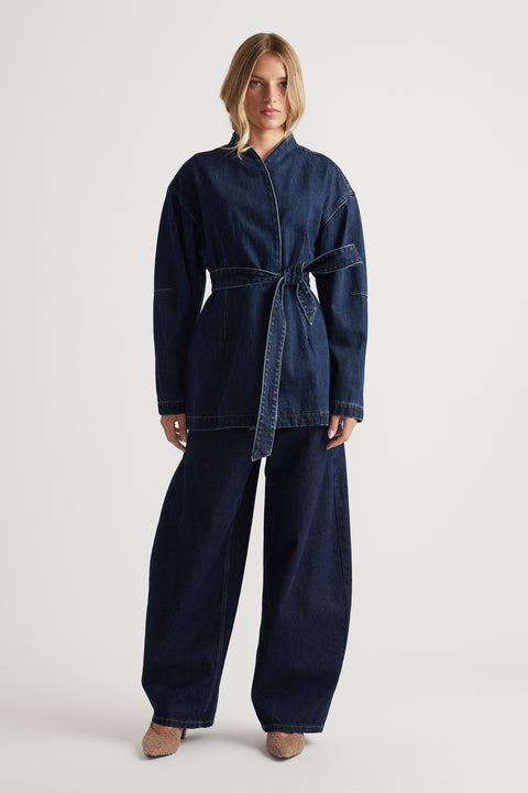 Daisy Horseshoe Jean in deep indigo denim with wide legs paired with matching belted denim jacket by DECJUBA Australian fashion brand