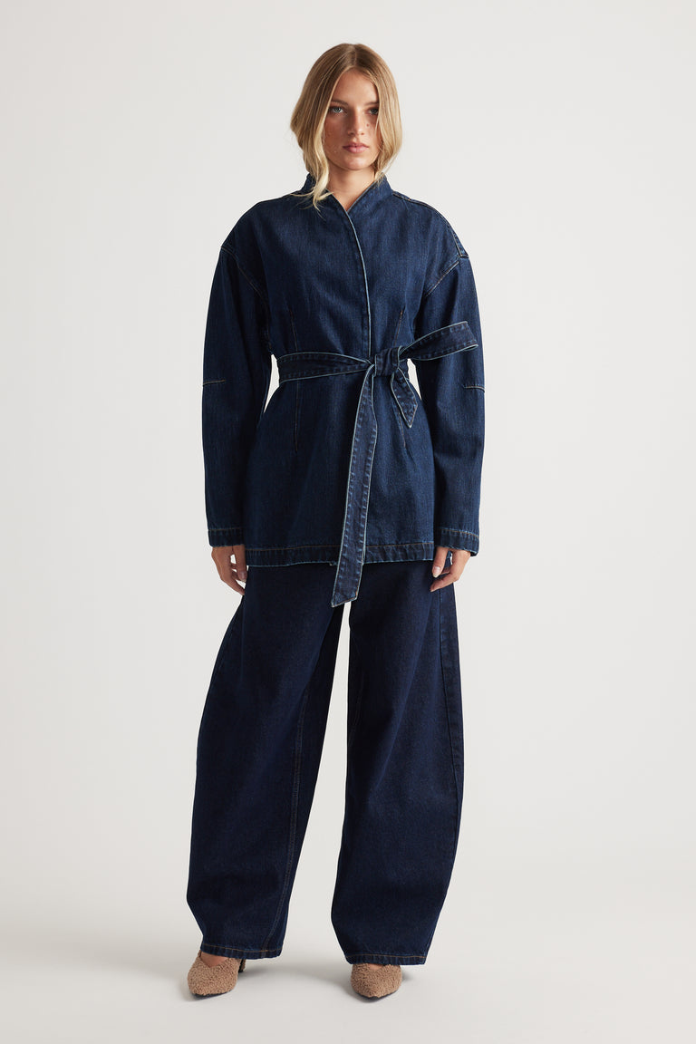 Daisy Horseshoe Jean in deep indigo denim with wide legs paired with matching belted denim jacket by DECJUBA Australian fashion brand