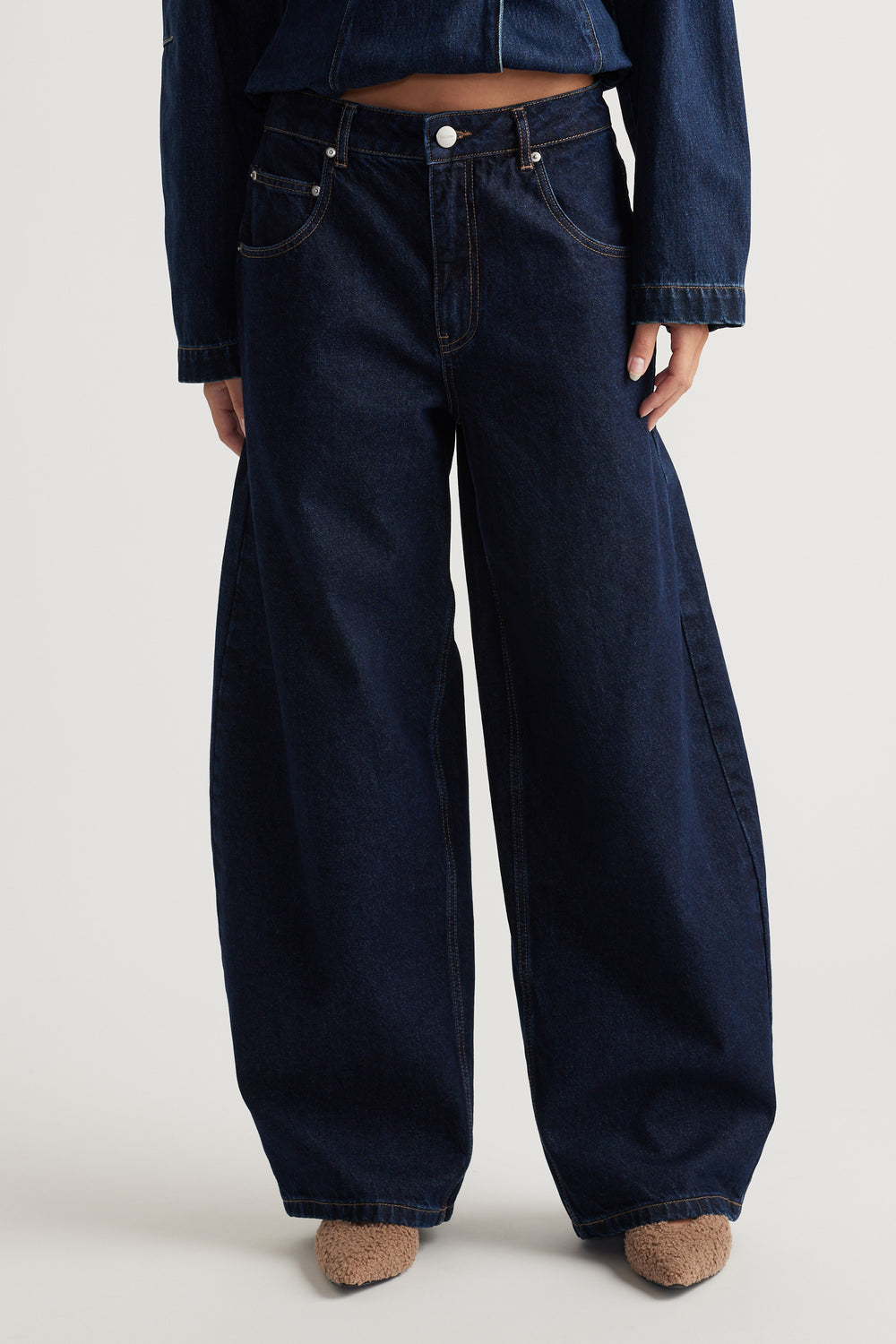 Daisy Horseshoe Jean in dark denim with wide leg fit styled with matching denim jacket by DECJUBA Australian fashion brand