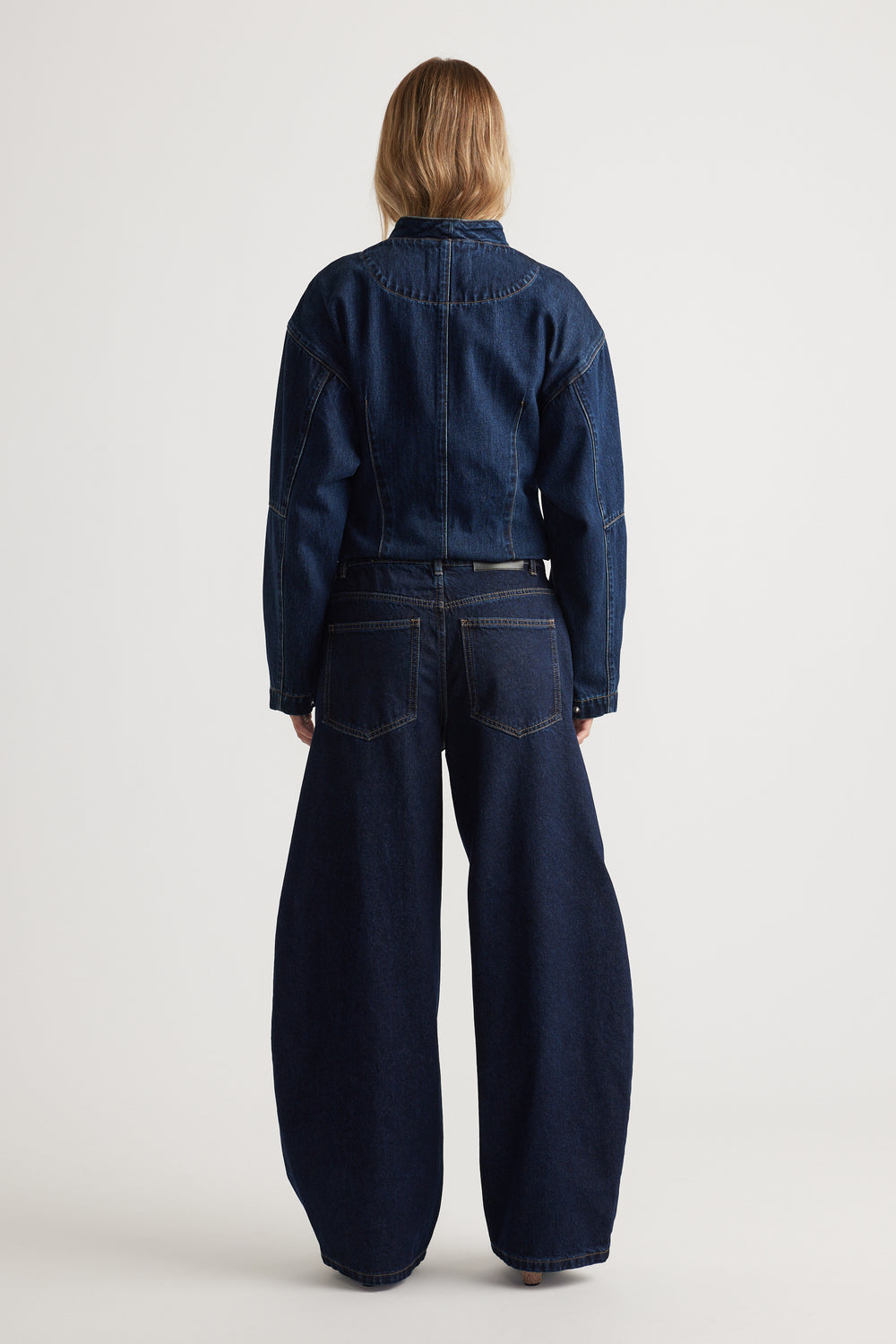 Daisy Horseshoe Jean in deep denim with wide leg silhouette styled from the back by DECJUBA Australian fashion brand