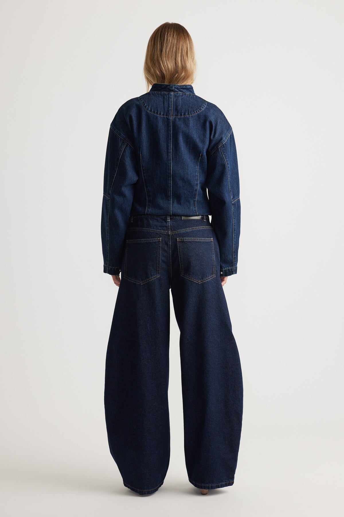 Daisy Horseshoe Jean in deep denim with wide leg silhouette styled from the back by DECJUBA Australian fashion brand