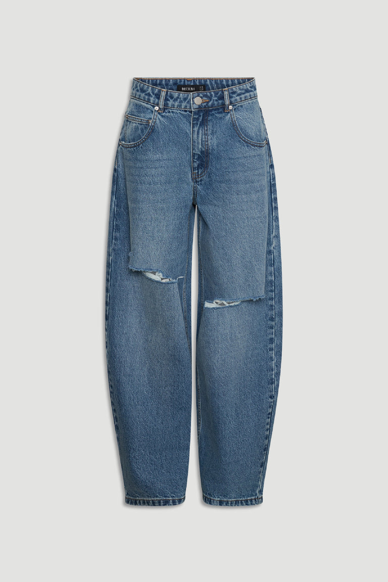 High rise blue horseshoe jeans with curved wide legs, tapered ankles and knee rips