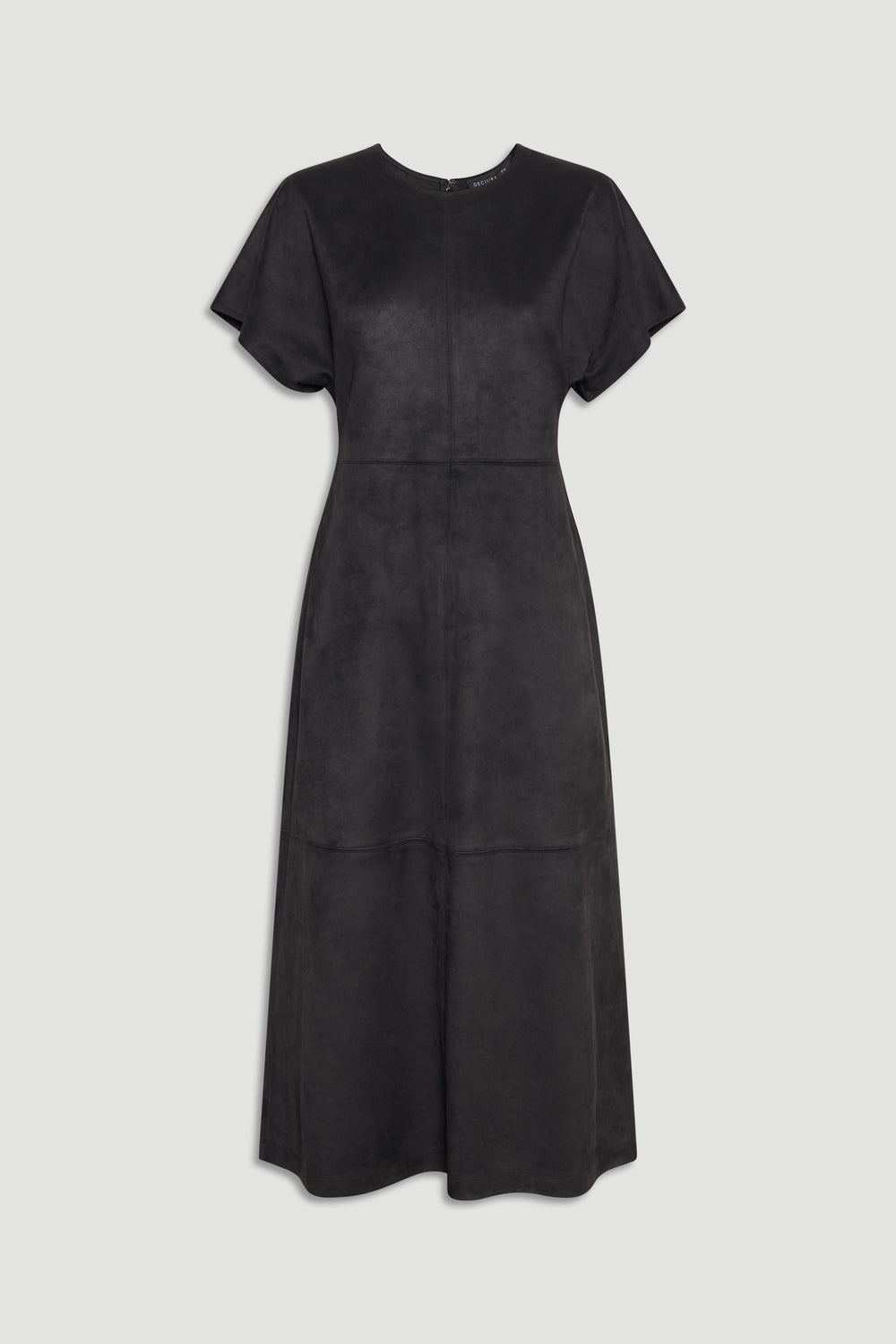 Clara Faux Suede Midi Dress in deep black with short sleeves and a flattering, flowing silhouette by DECJUBA.