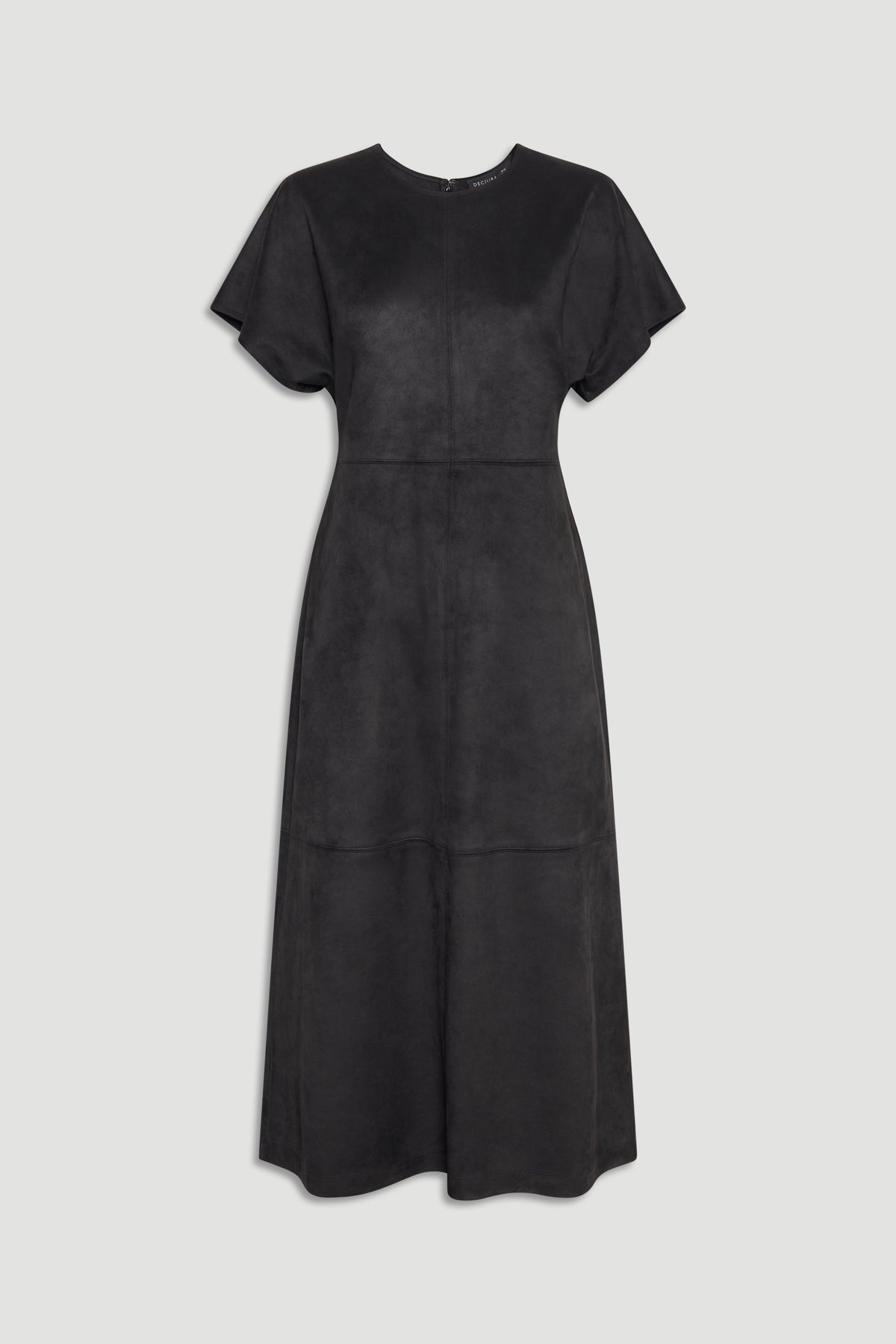 Clara Faux Suede Midi Dress in deep black with short sleeves and a flattering, flowing silhouette by DECJUBA.