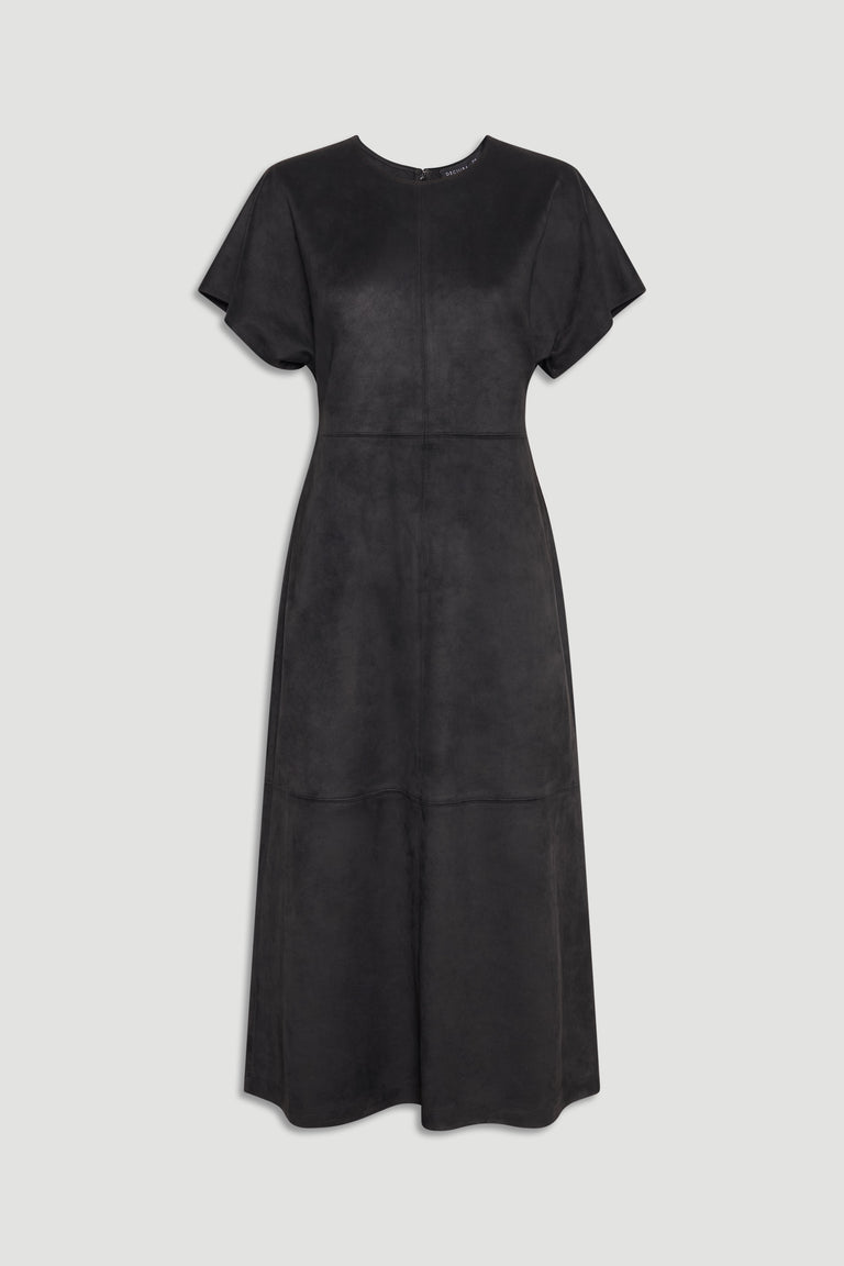 Clara Faux Suede Midi Dress in deep black with short sleeves and a flattering, flowing silhouette by DECJUBA.