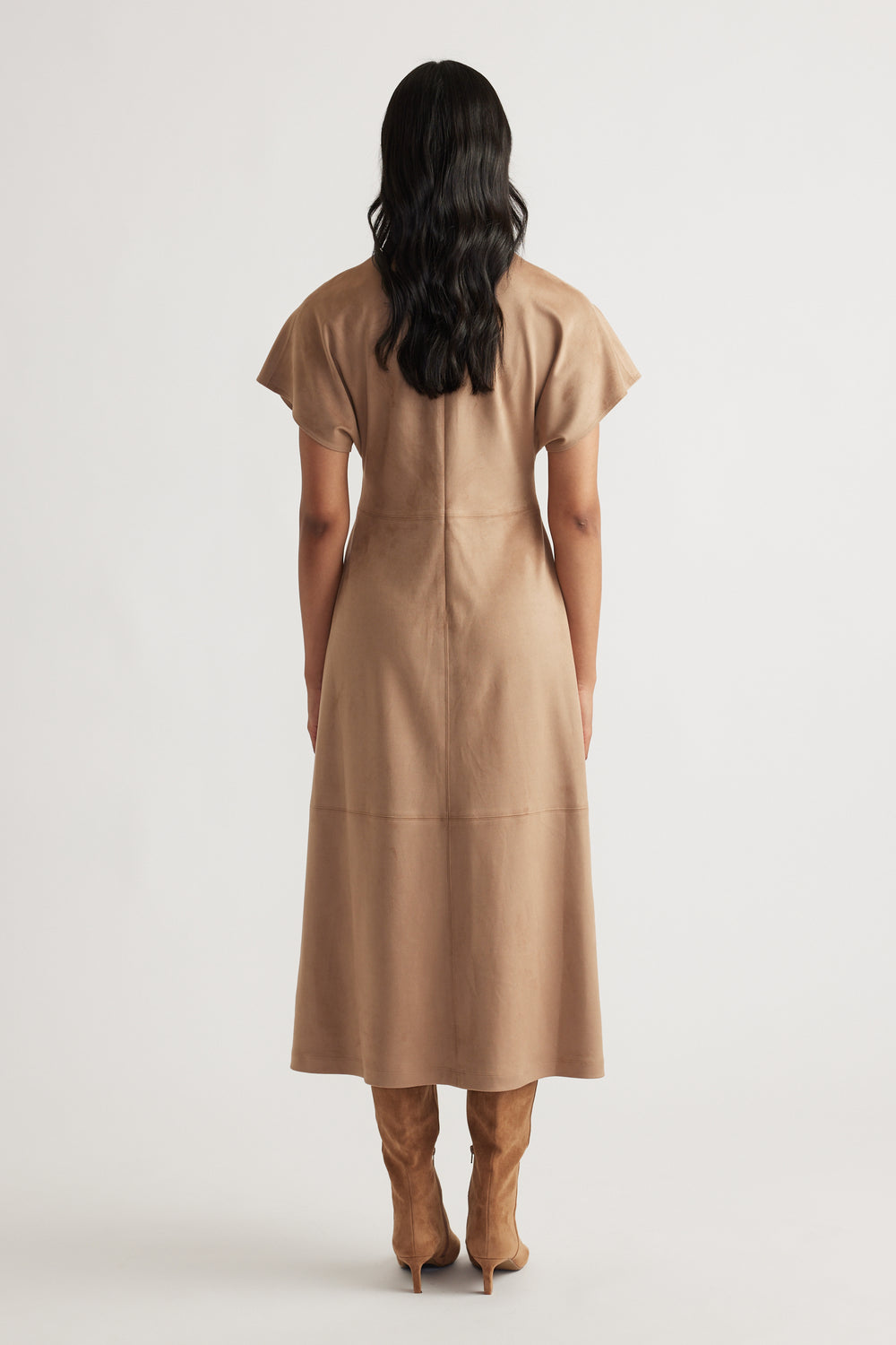 Back view of Clara Faux Suede Midi Dress in warm tan with flutter sleeves, fitted waist, and a flowing midi length from DECJUBA.