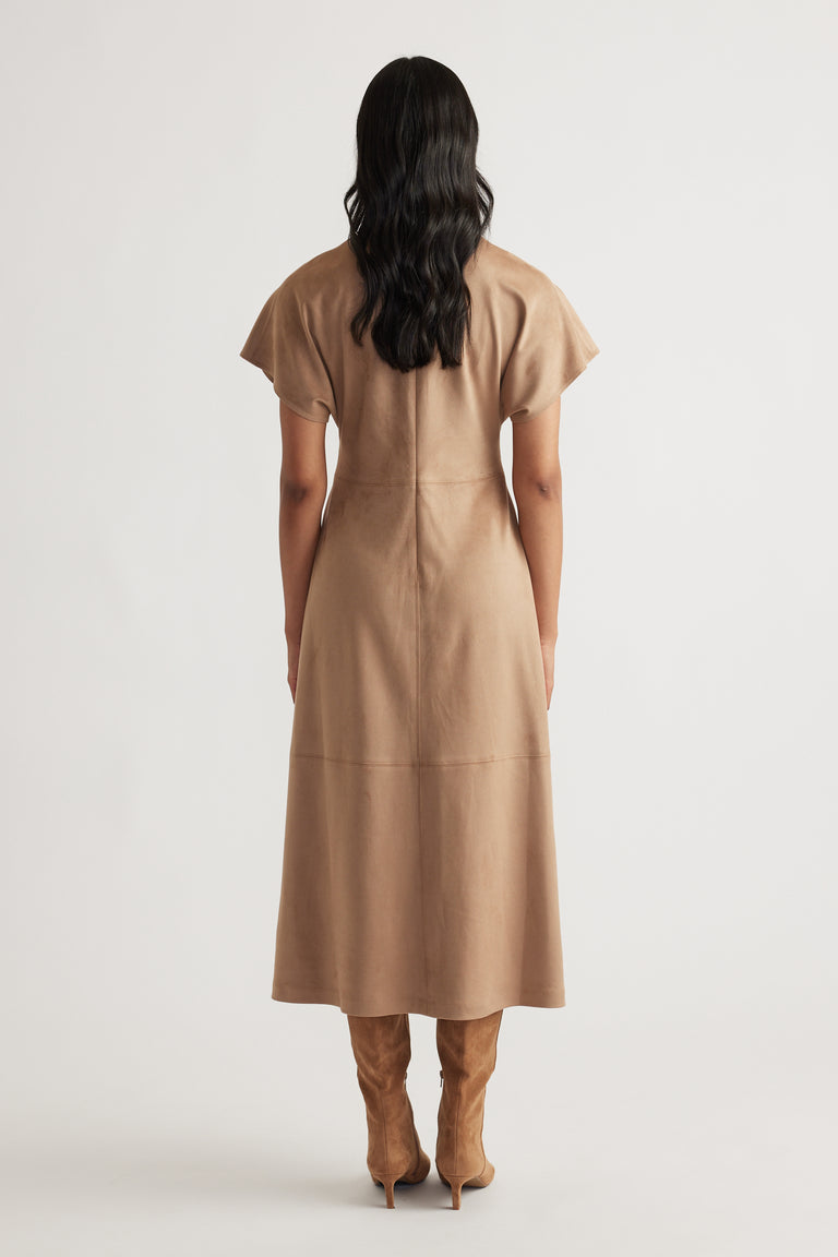 Back view of Clara Faux Suede Midi Dress in warm tan with flutter sleeves, fitted waist, and a flowing midi length from DECJUBA.