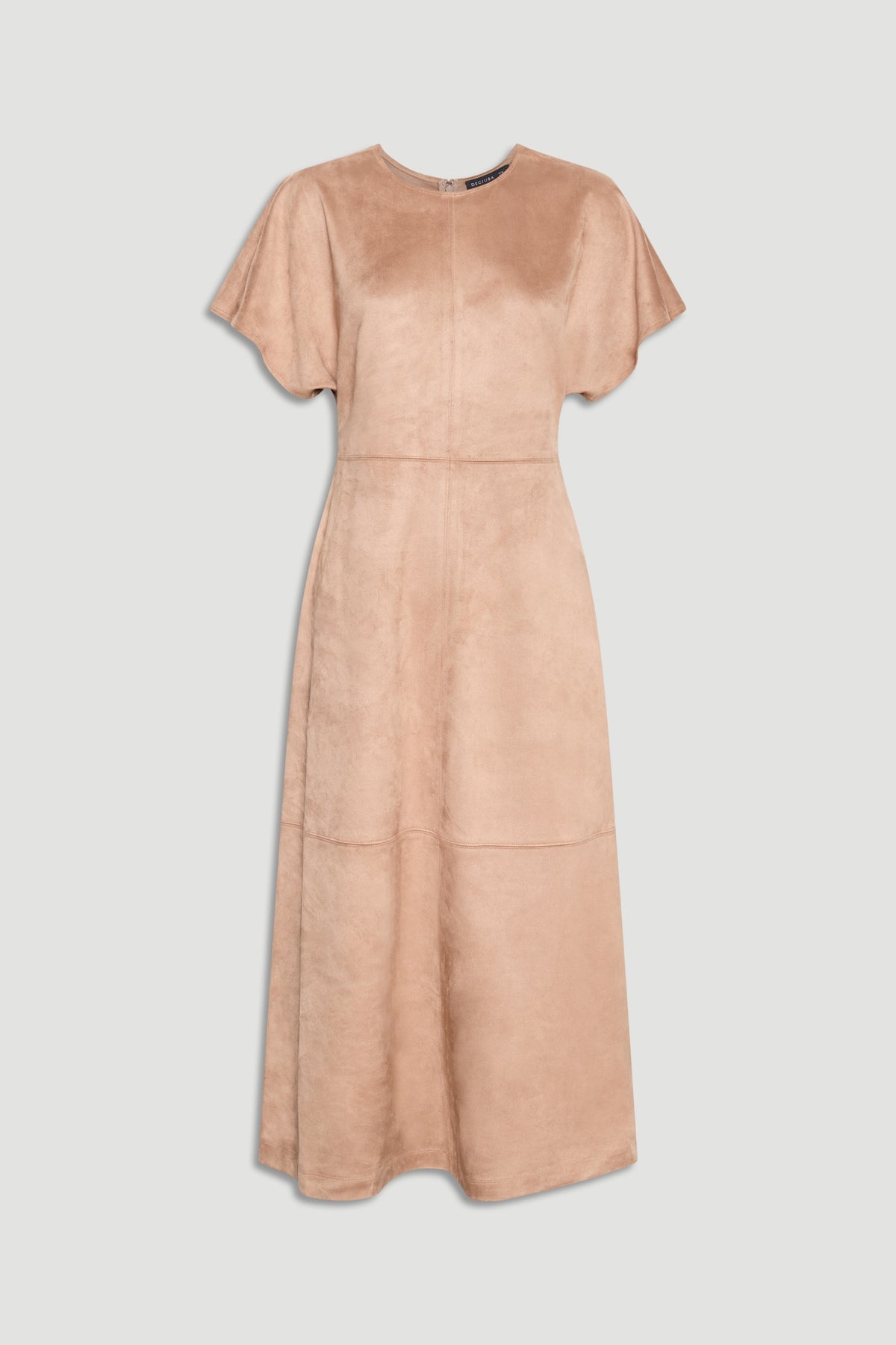 Clara Faux Suede Midi Dress in soft dove grey with flutter sleeves and a flowing A-line silhouette by DECJUBA
