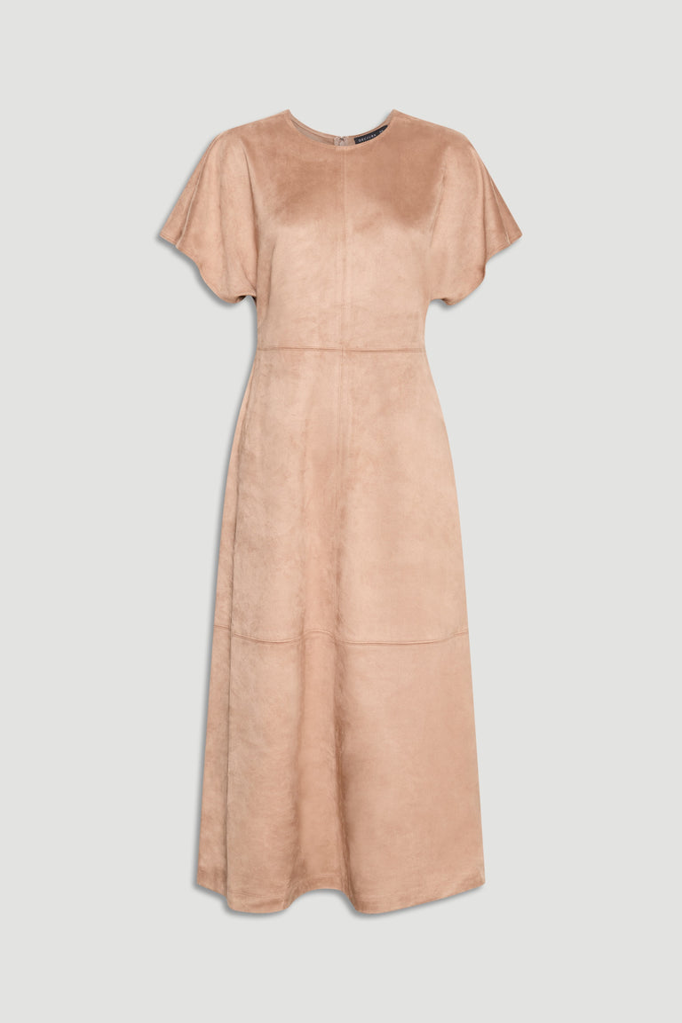 Clara Faux Suede Midi Dress in soft dove grey with flutter sleeves and a flowing A-line silhouette by DECJUBA