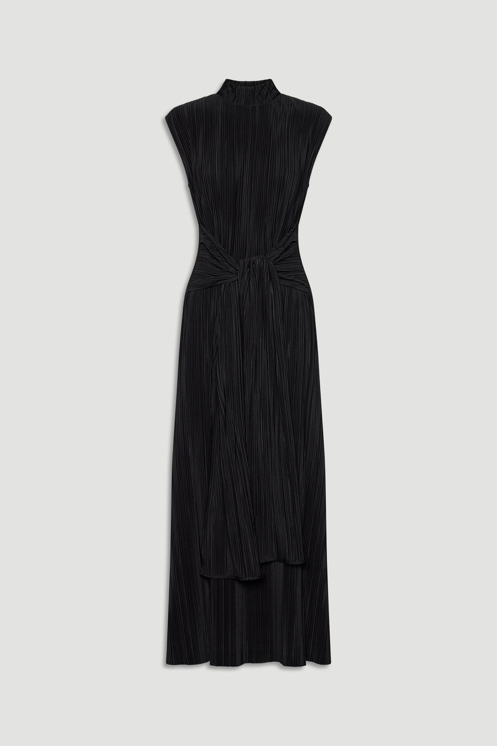 Black pleated maxi dress with high neck and tie waist detail for an elegant, versatile silhouette