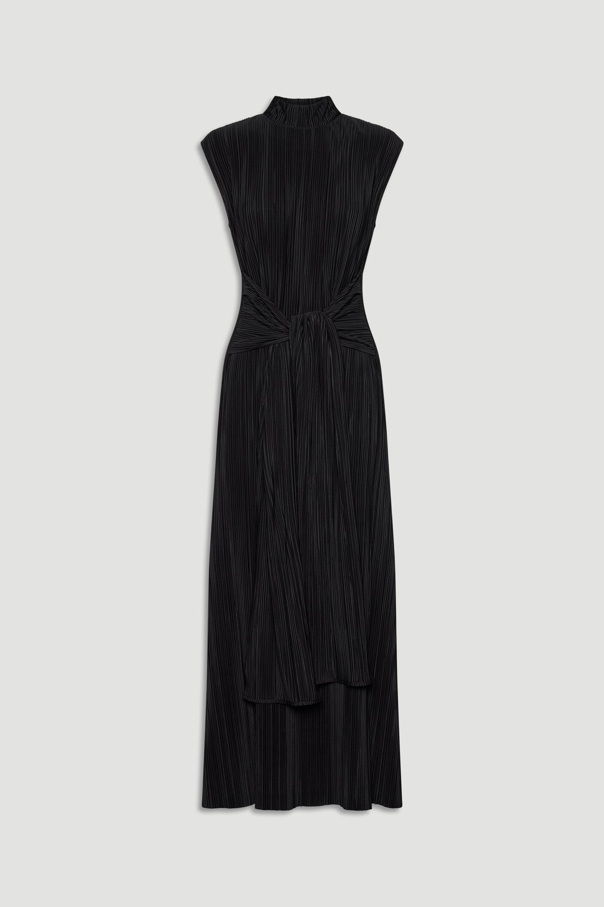 Black pleated maxi dress with high neck and tie waist detail for an elegant, versatile silhouette