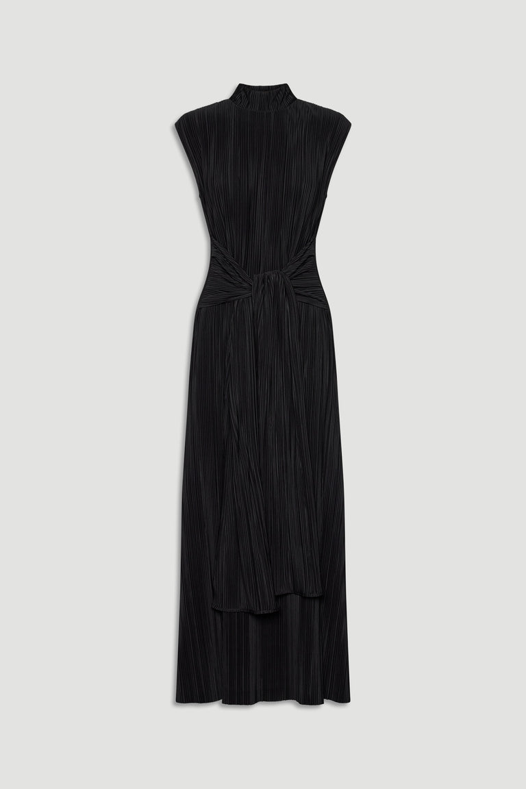 Black pleated maxi dress with high neck and tie waist detail for an elegant, versatile silhouette