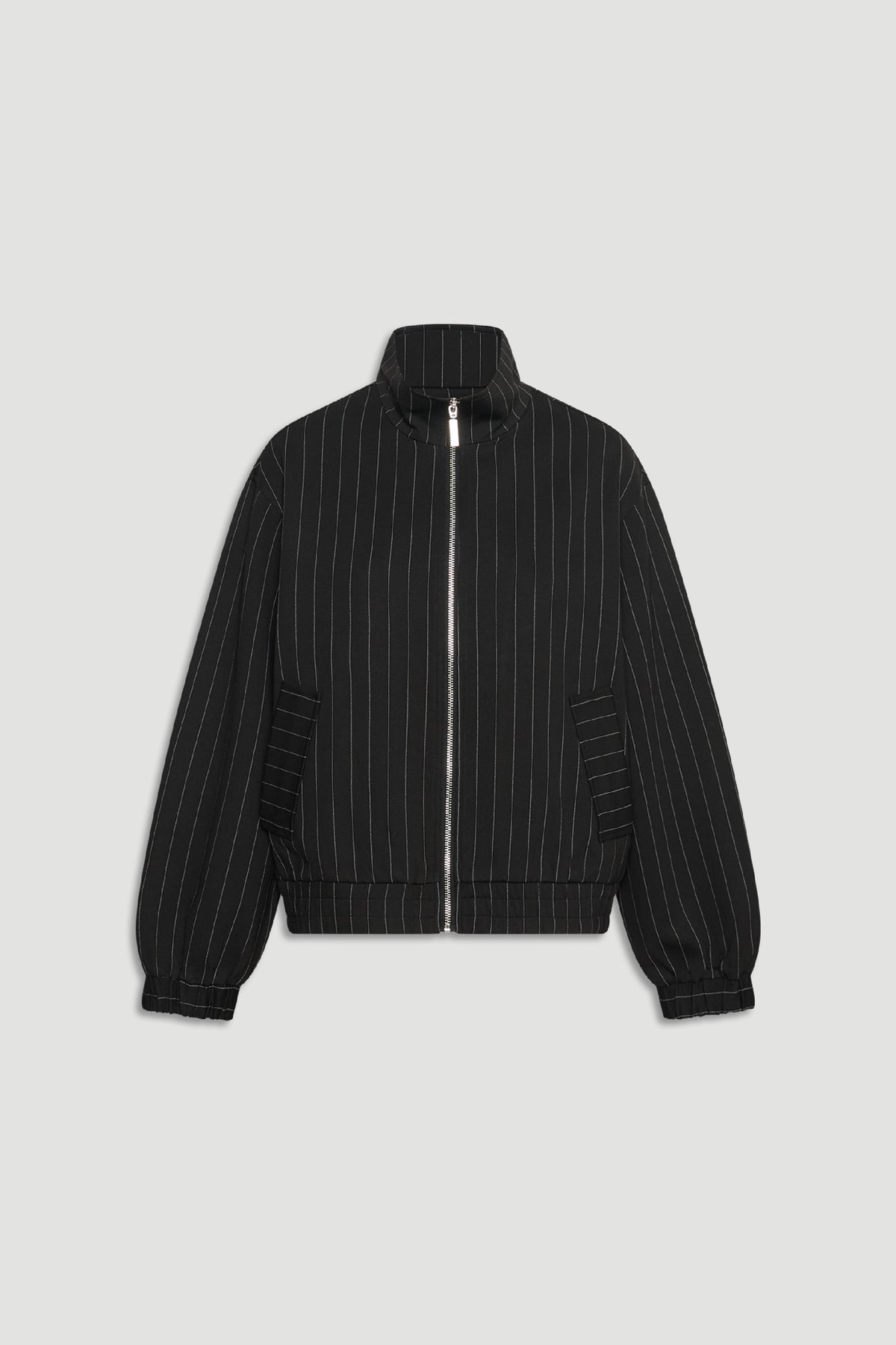 Black D-Luxe Pinstripe Bomber with fine white pinstripes, zip-front closure, high collar, and elasticated cuffs for sleek layering.