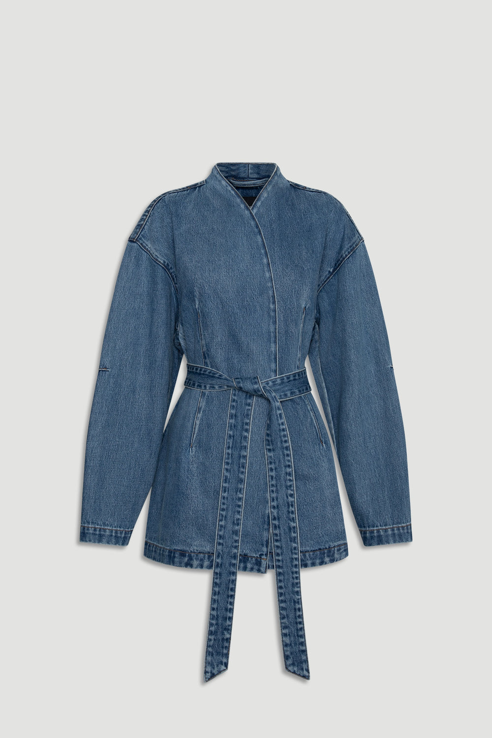 Kylie Denim Blazer Dress in mid blue denim with a belted waist and relaxed long sleeves by DECJUBA