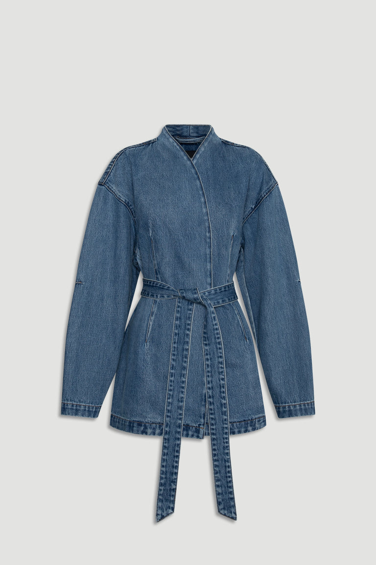 Kylie Denim Blazer Dress in mid blue denim with a belted waist and relaxed long sleeves by DECJUBA