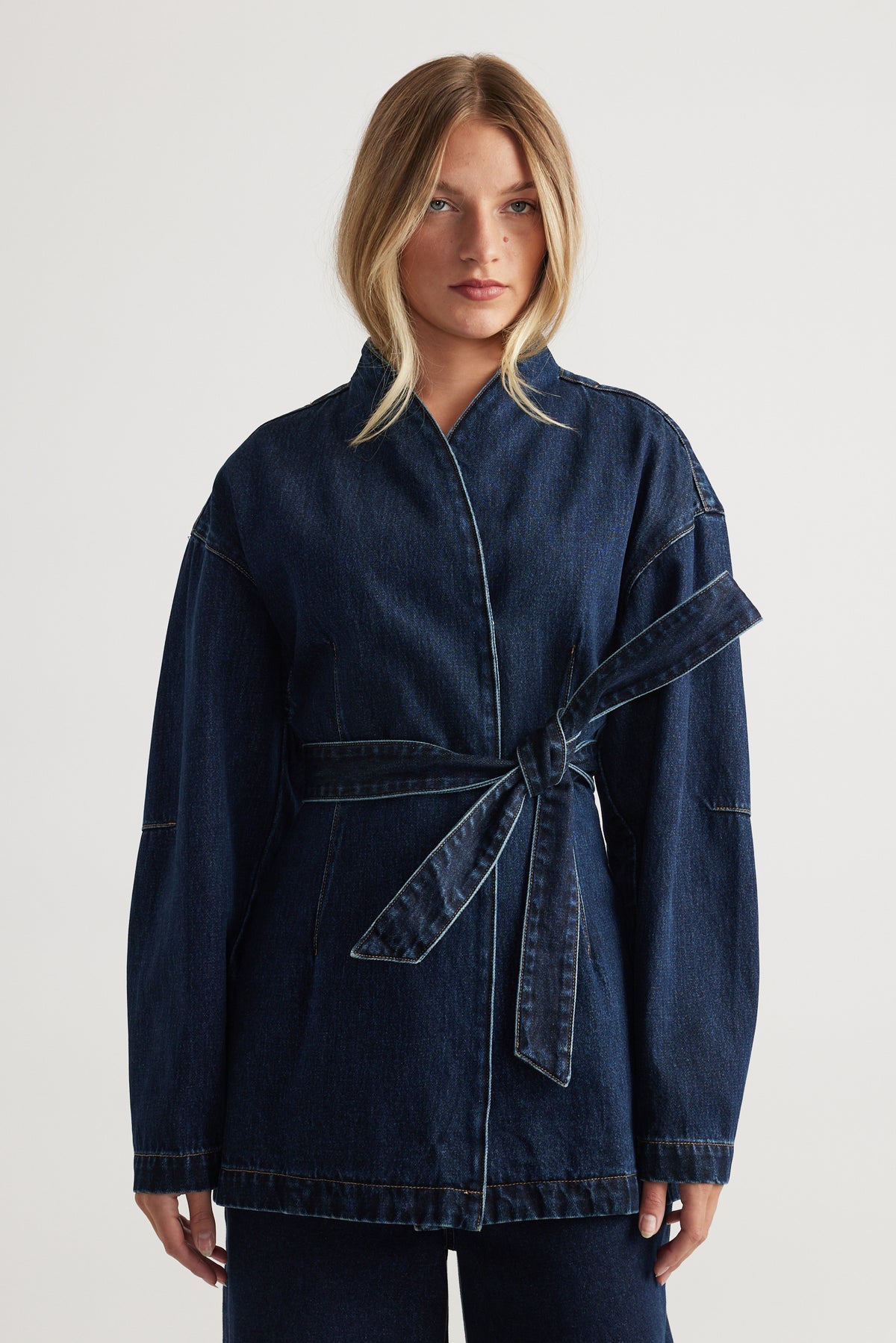 Kylie Denim Blazer Dress in dark indigo with self-tie belt and structured fit, crafted by DECJUBA Australian fashion brand