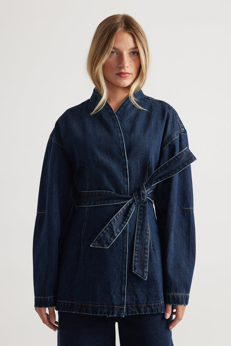 Kylie Denim Blazer Dress in dark indigo with self-tie belt and structured fit, crafted by DECJUBA Australian fashion brand